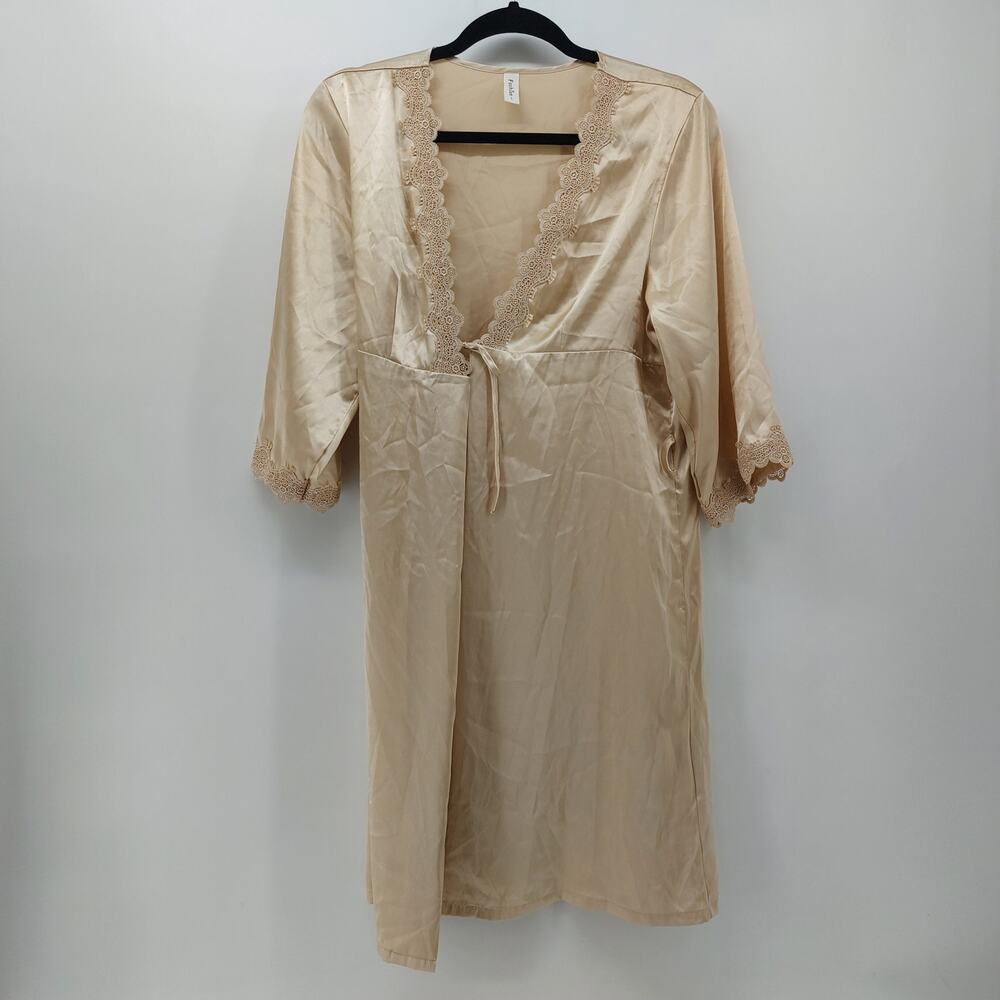 Vintage Fashion Robe Women's Large Wrap Beige Satin Lace Coquette Sleep